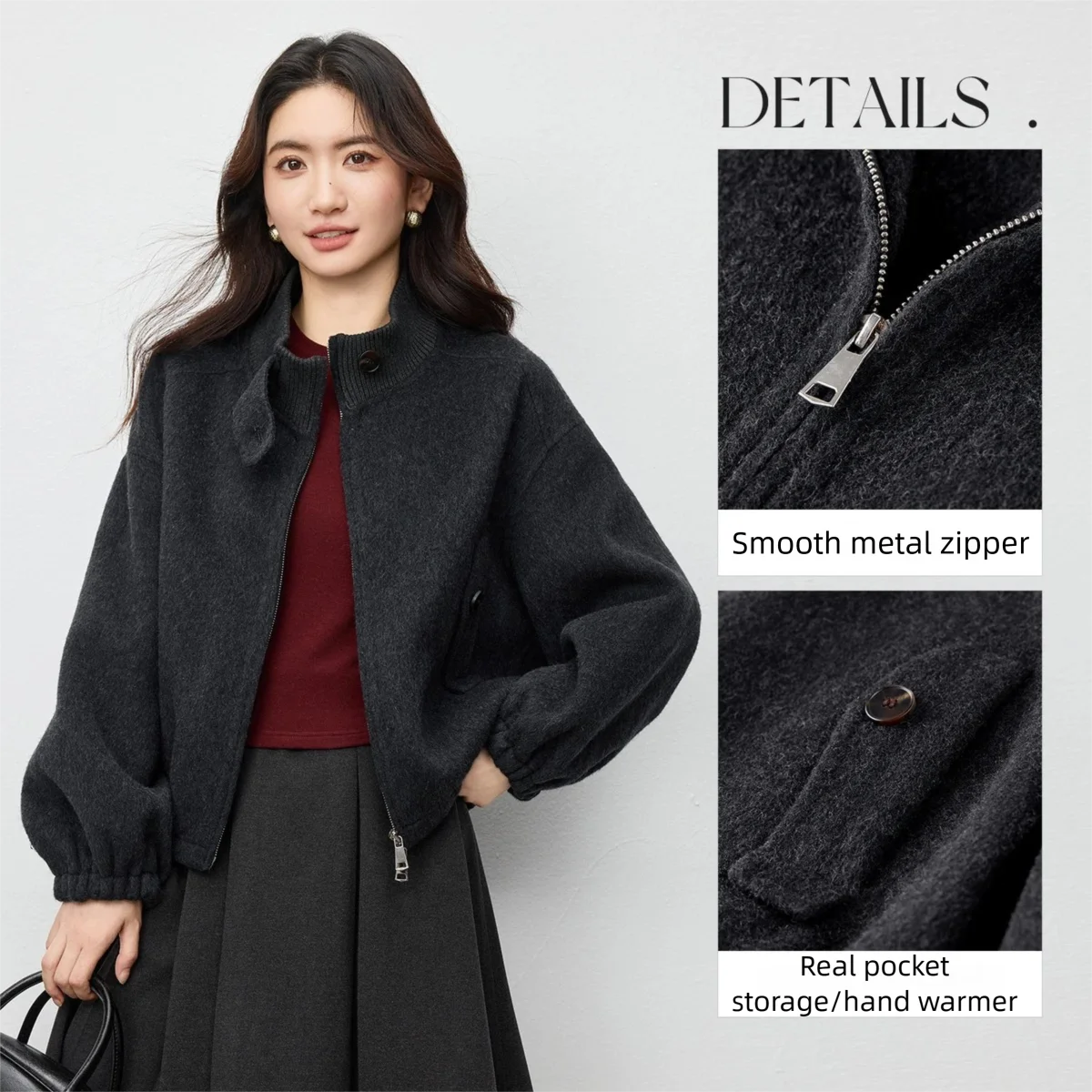 SENTUBILA Women's Loose Jackets 2025 Autumn Winter New Solid Stand Collar Short Coats Warm Casual Commute Female Tops W54OG8774