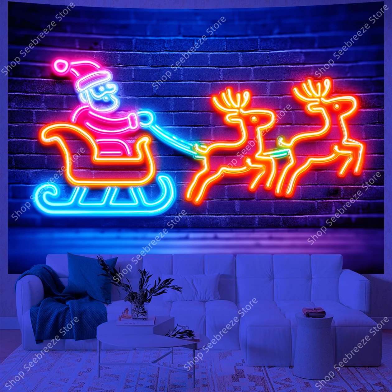 Neon Weihnachtsmann Schlitten Fahrt UV Wandteppich Leuchtendes Rentier Wandbehang für Weihnachten Urlaub Schlafzimmer Wohnzimmer Büro Dekor