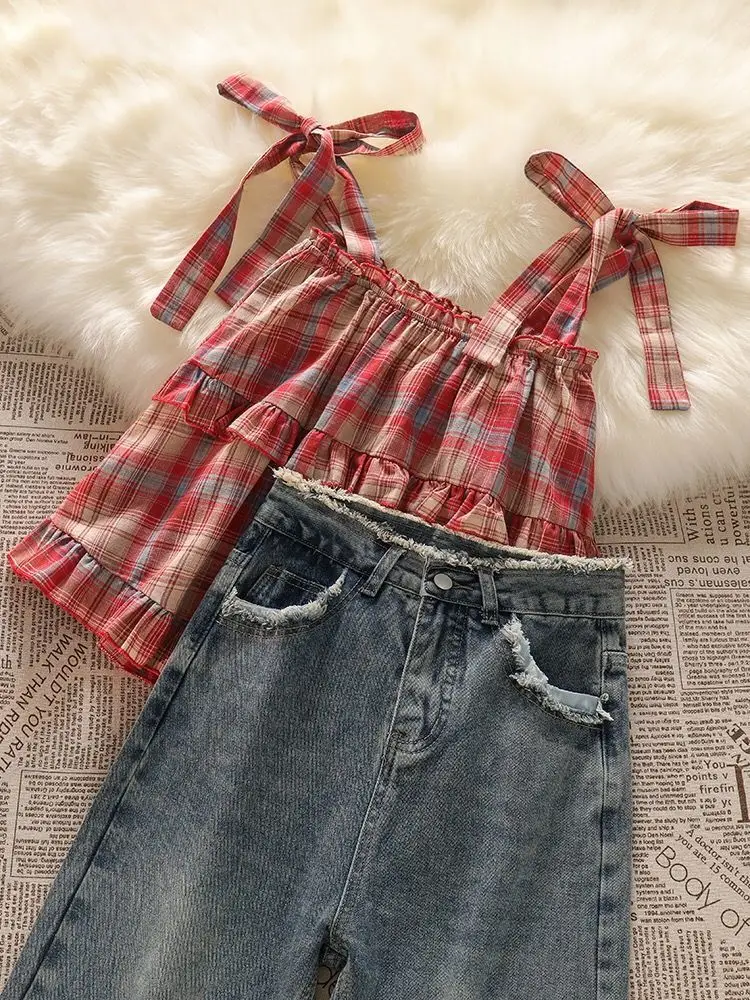 Spring and Summer Sweet Style Set French Retro Plaid Tank Top Women's High Waisted Fringed Straight Leg Jeans Two-piece Set