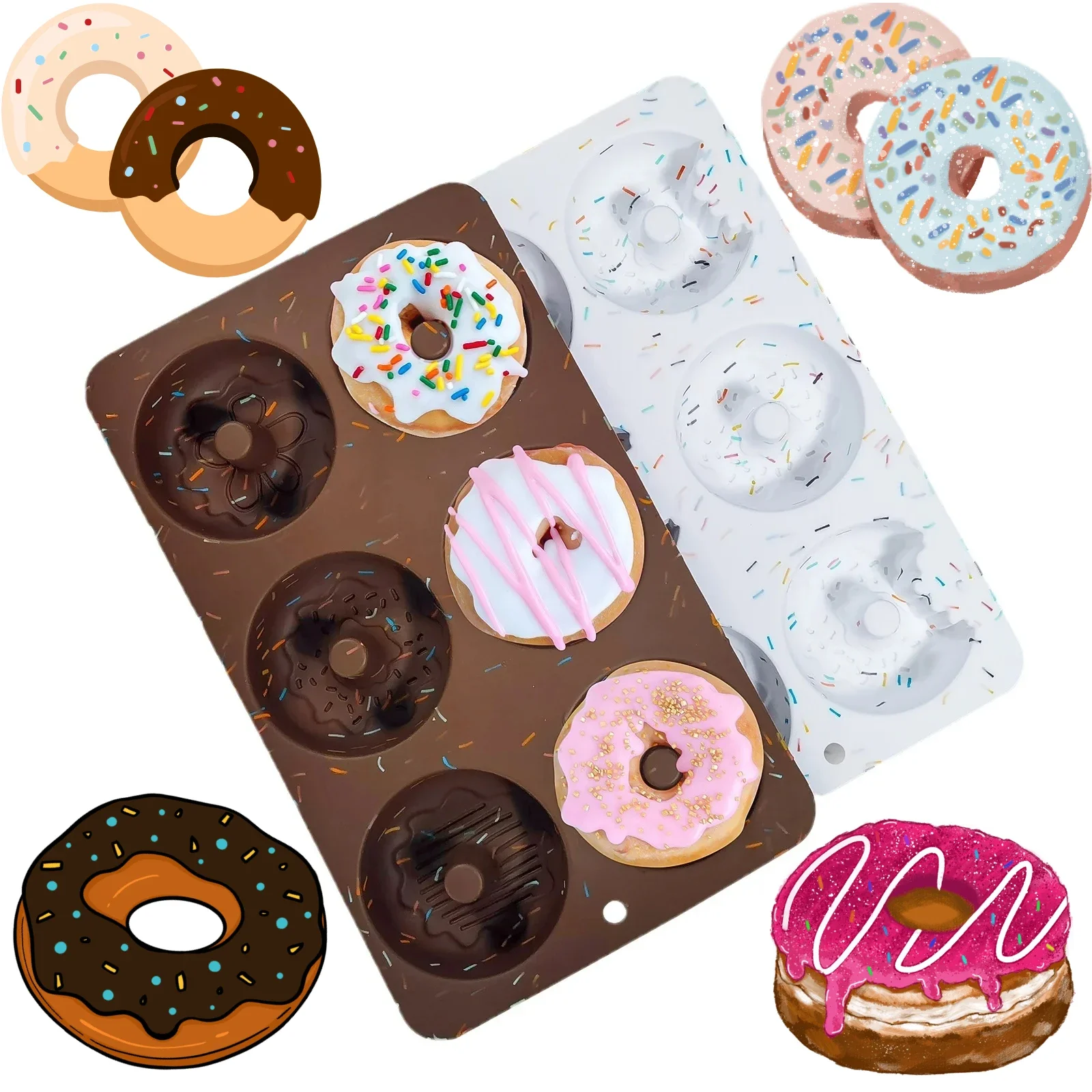 6 Holes Donut Mold Silicone Pastry Baking Tray Cute Cake Decoration White & Brown Circular Creative Chocolate Molud Bread Making