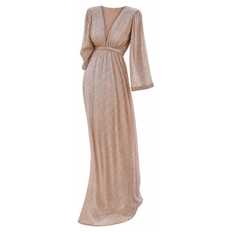 Women's Sequin Maxi Dress Deep V Neck Long Sleeve High Waist Elegant Evening Gown Wedding Guest Party Dress Apricot