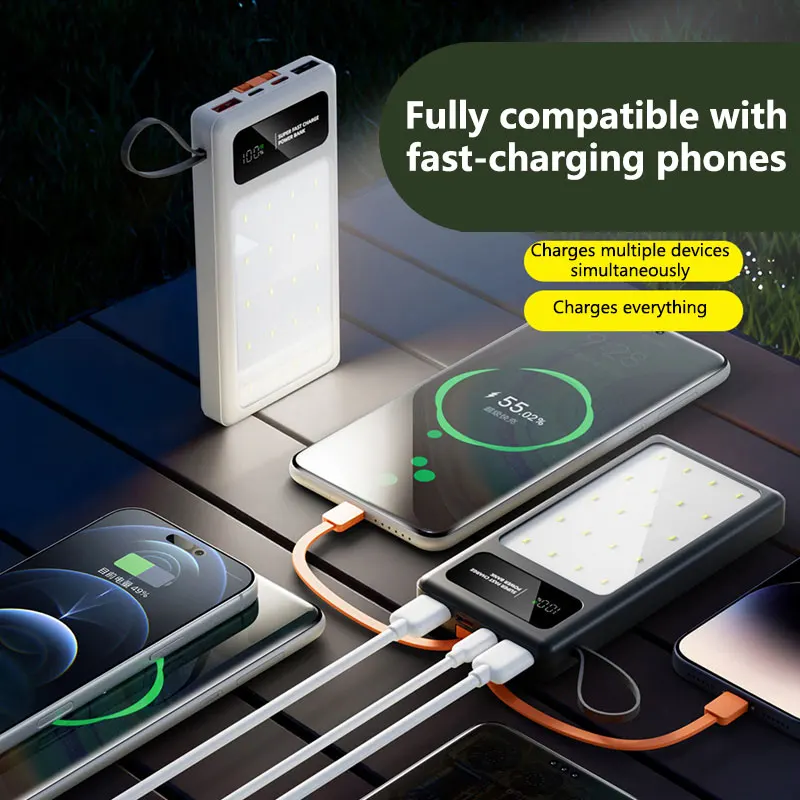 

Портативное зарядное устройство (Powerbank) 200000 мАч с быстрой зарядкой, мощный светодиодный фонарь для кемпинга с кабелем для зарядки, мобильный источник питания 2026