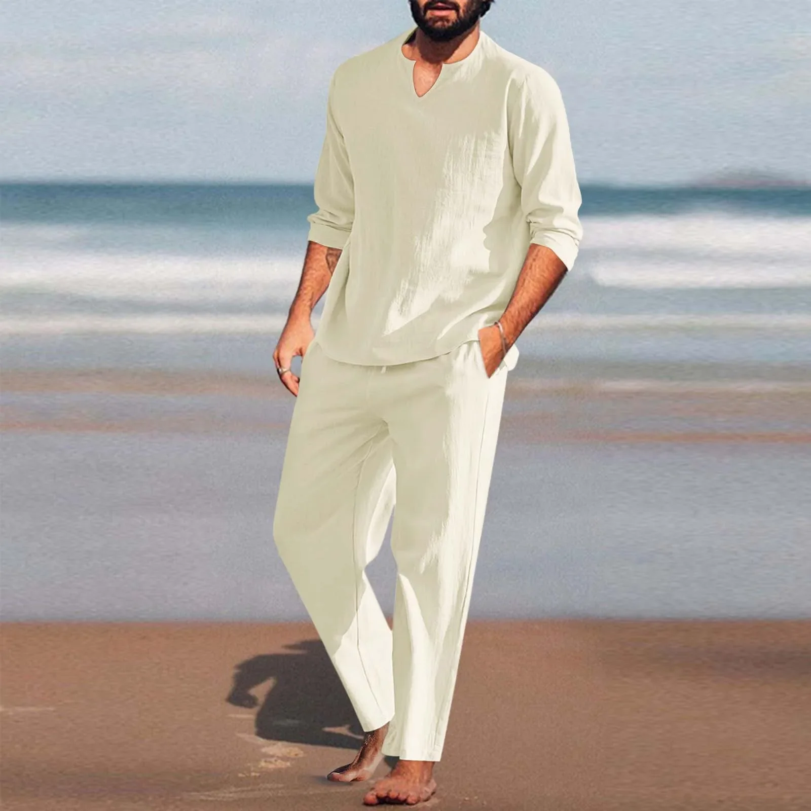 2025 Spring Summer Casual 2 Piece Set Breathable Cotton Linen Loose Pant Sets Men's Beach Yoga Sport Trousers Suits Ropa Hombre
