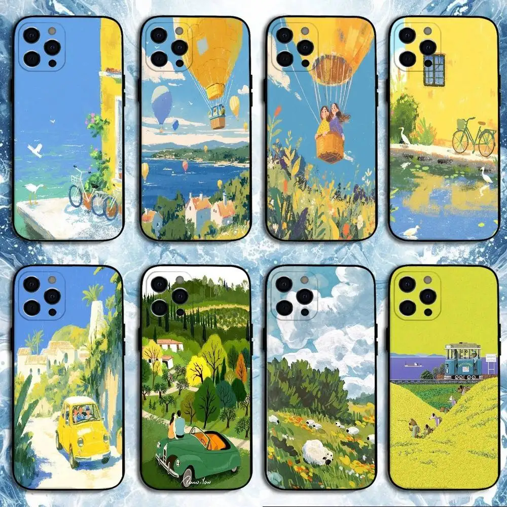 

Gouache Landscape Painting Phone Case For iPhone 16,15,14,13,12,11 Plus,Pro Max, Soft Silicone Black Cover