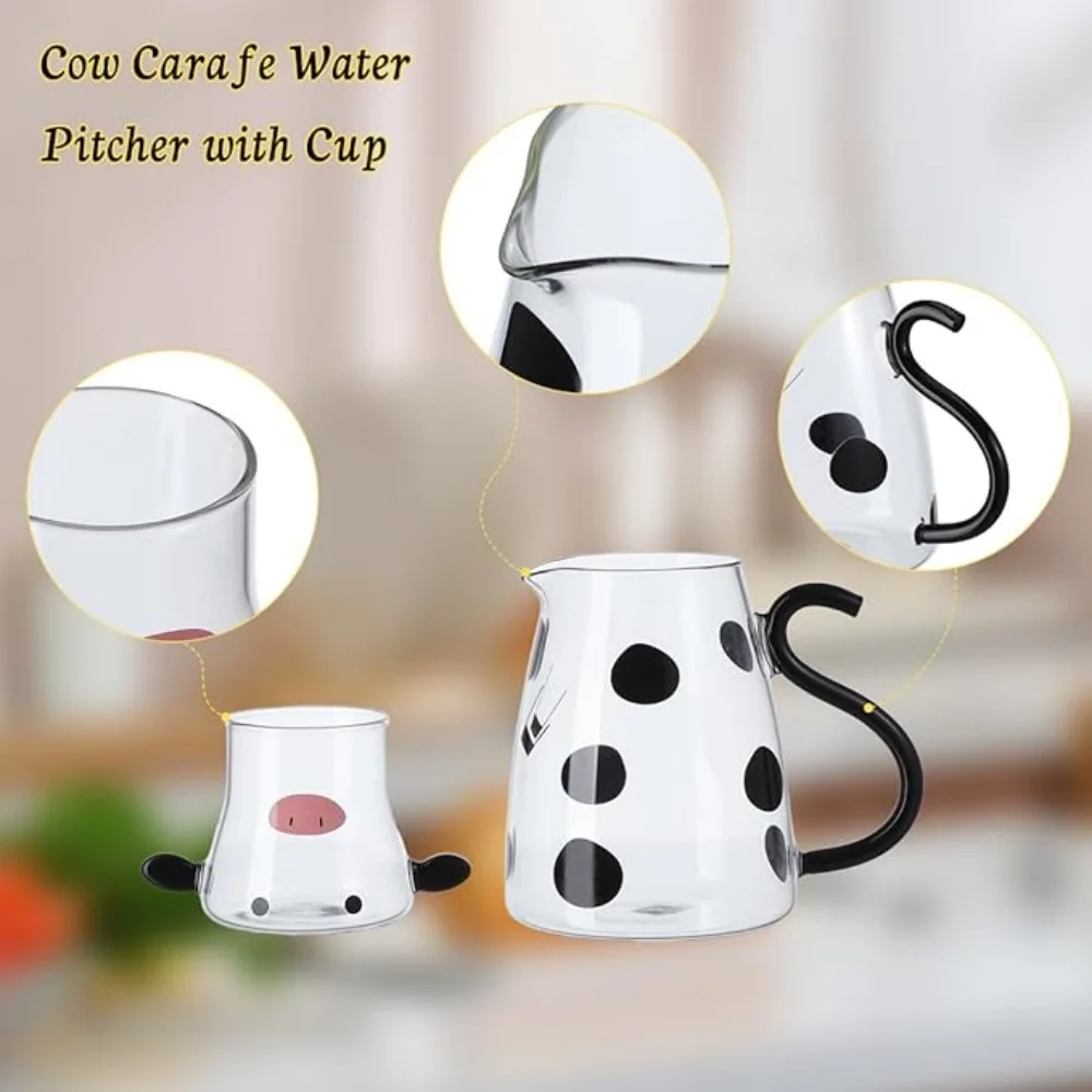 Cartoon Cow Clear Glass Bedside Night Water Carafe Set with Tumbler, Pitcher And Cup Night Set Water Kettle