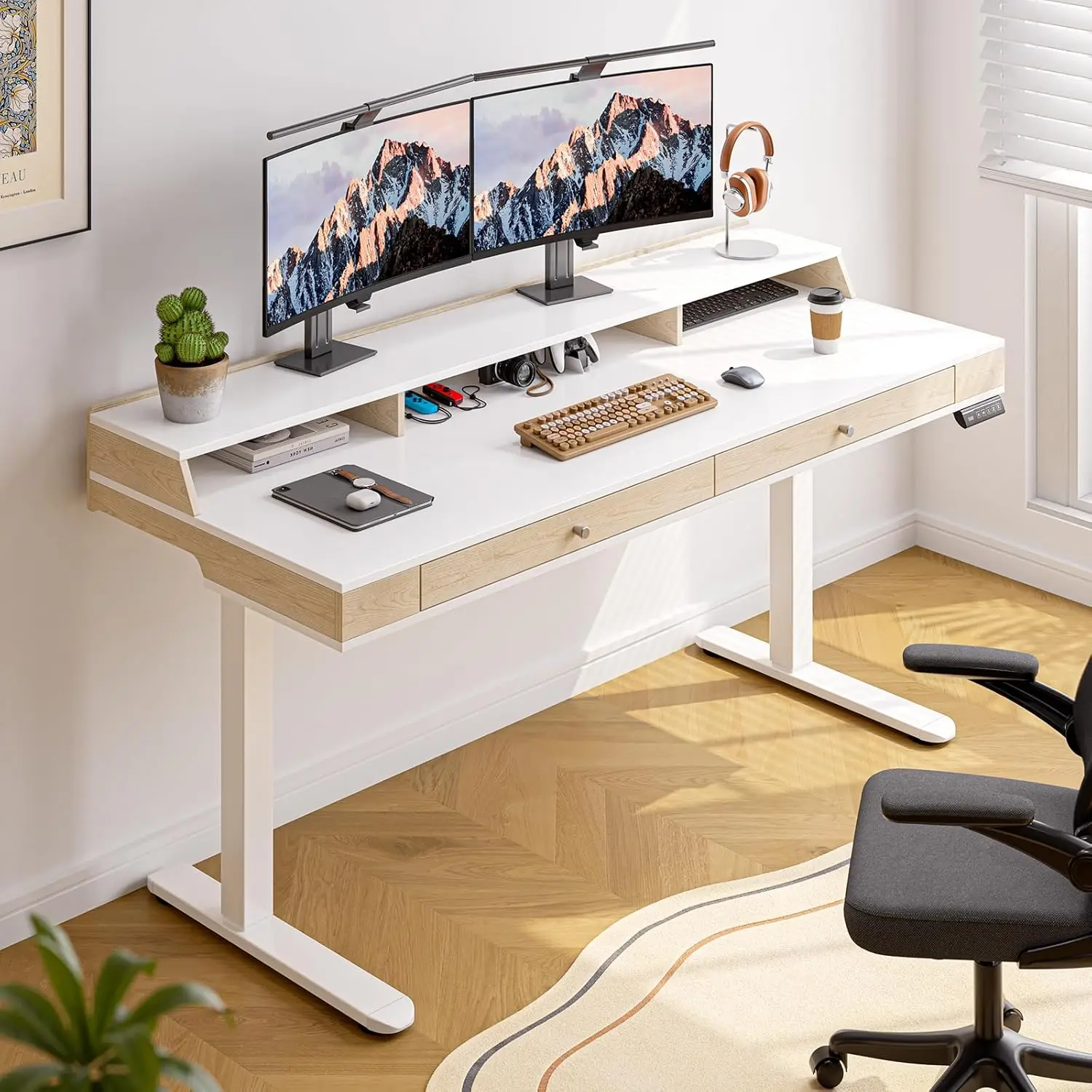 

Standing Desk With Drawers, 47x23.6 Inch Electric Stand Up With Storage Shelf and Memory Controller, Adjustable Height 2