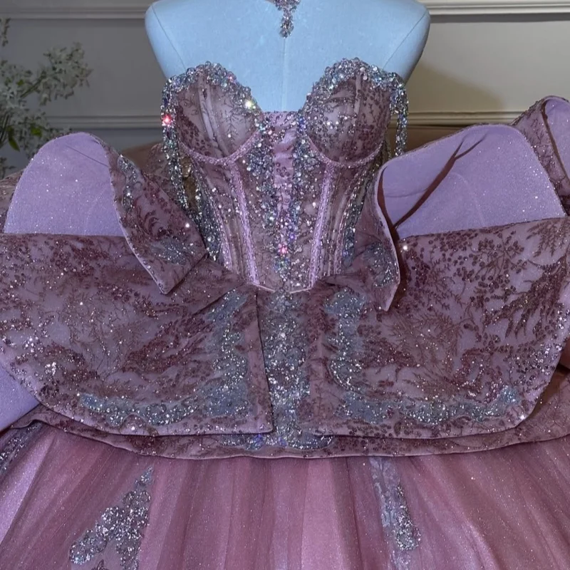 

Pink Quinceanera Dress off-shoulder Glitter Crystal Decal Layering Long tail Bow vestidos de 15 Quinceanera ﻿Customize