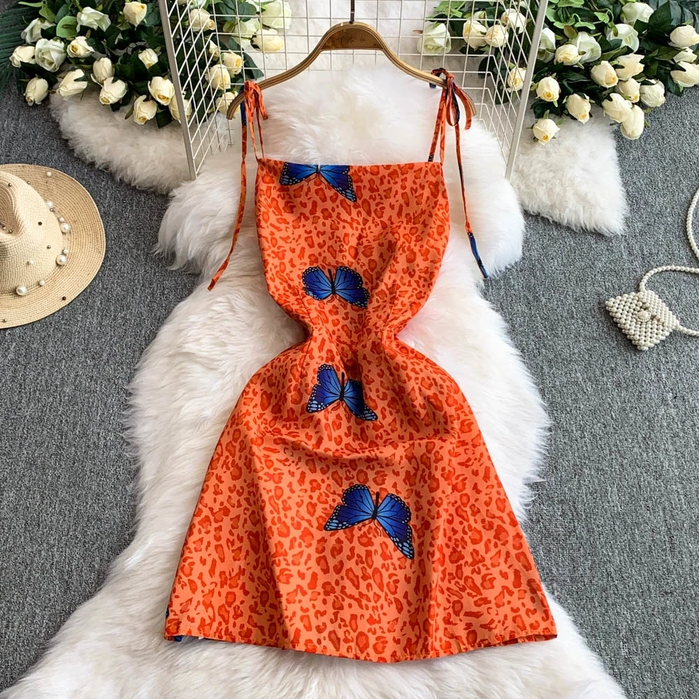

Women Holiday Butterfly Print High Waist Sleeveless Spaghetti Strap Mini Dress