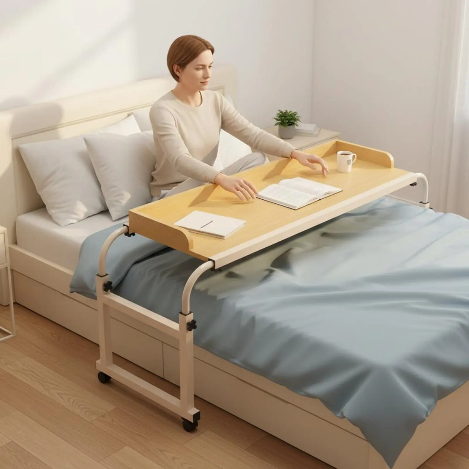 Adjustable Height Overbed Desk Space-Saving Design Cross Bed Computer Table C-Shaped Bed Side Table Sturdy Frame for Dorm Room