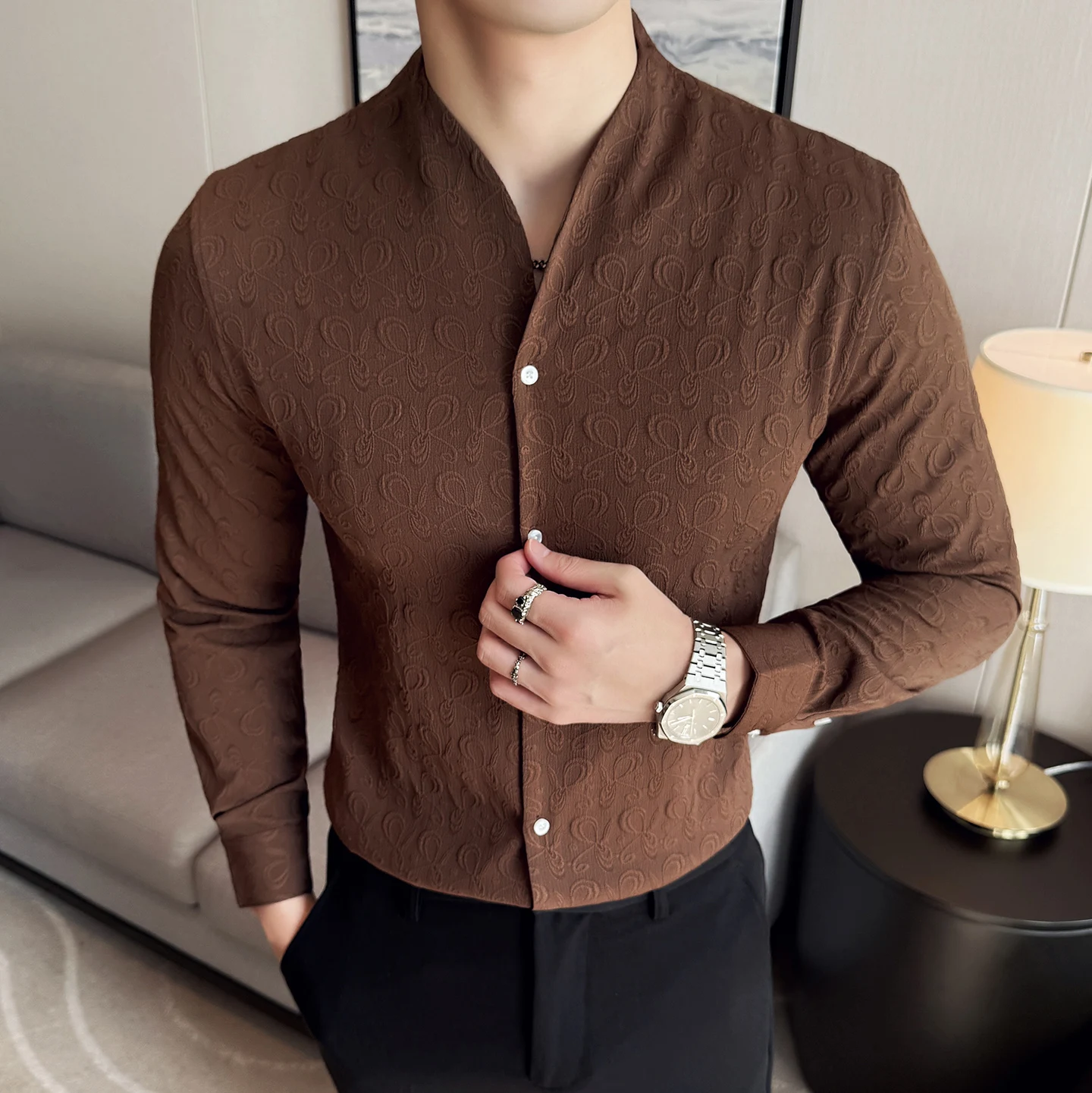 

Chinese Style Collarless Jacquard Shirt for Men Fashion Long Sleeve Casual Shirts V-neck Business Social Office Versatile Shirt
