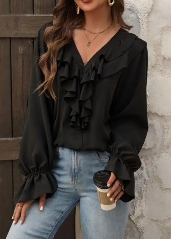 

Women's V-Neck Ruffle Hem Button-Up Shirt Elegant Casual Fashionable Top for Ladies Autumn 2026 Temperament