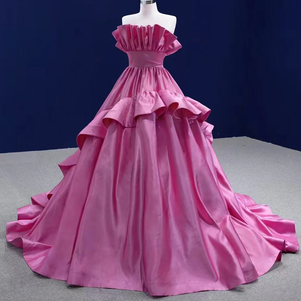 Customized Formal Gown Gorgeous Rose Pink Strapless Sleeveless Lace Up Back Ruched Evening Dress for Women