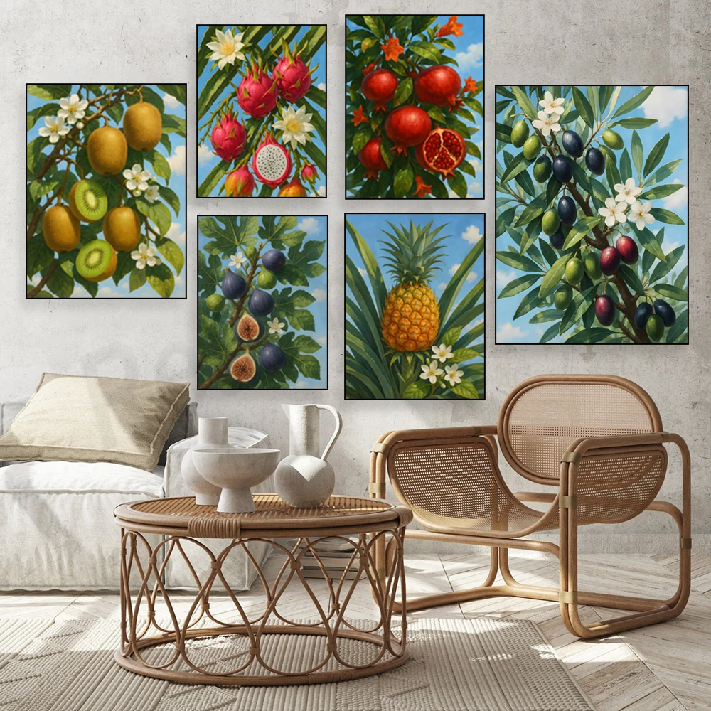 Kiwi trees, dragon fruit, pomegranates, cherry blossoms, pears, plums, olive branches, and posters featuring flowers and fruits.