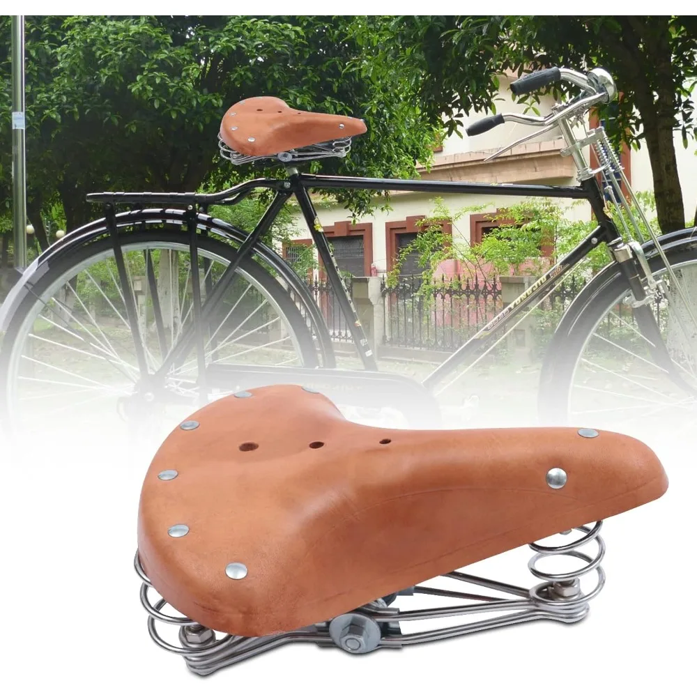 Vintage Sprung Cowhide Leather Bicycle Saddle Cushion Spring Seat Shock Absorption for Mountain Bikes Front Seat Mat