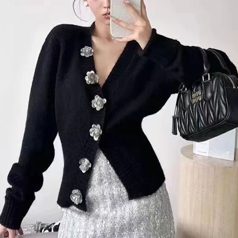 Women Clothing Spring Autumn Trendy Vintage Sweet Chic Cardigan Y2K Solid V Neck Long Sleeve Slim Fairy Kintted Sweater Buttons