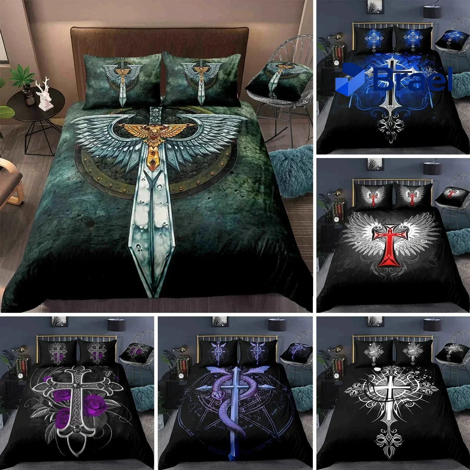 Exquisite Jesus Cross Bedding Set KingQueen Size Christian Design Retro Quilt Cover For Men Teens Adult,Jesus Christ Believer Qu