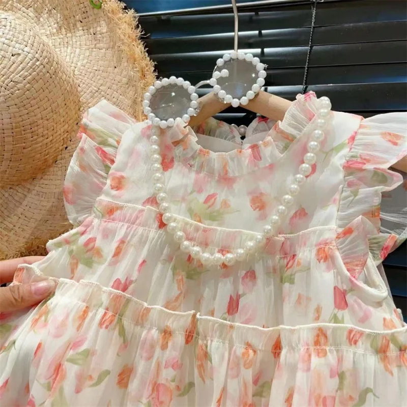 New Girls Retro Fresh Flowers Lace Flounced Sleeve Cake Fashionable Princess Dress2024Summer Dress Children's Clothing-WSNY