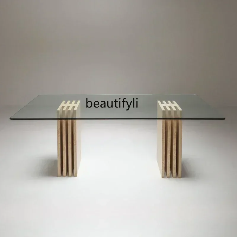 D176   Modern minimalism, dining table, art, rectangular tempered glass countertops, table