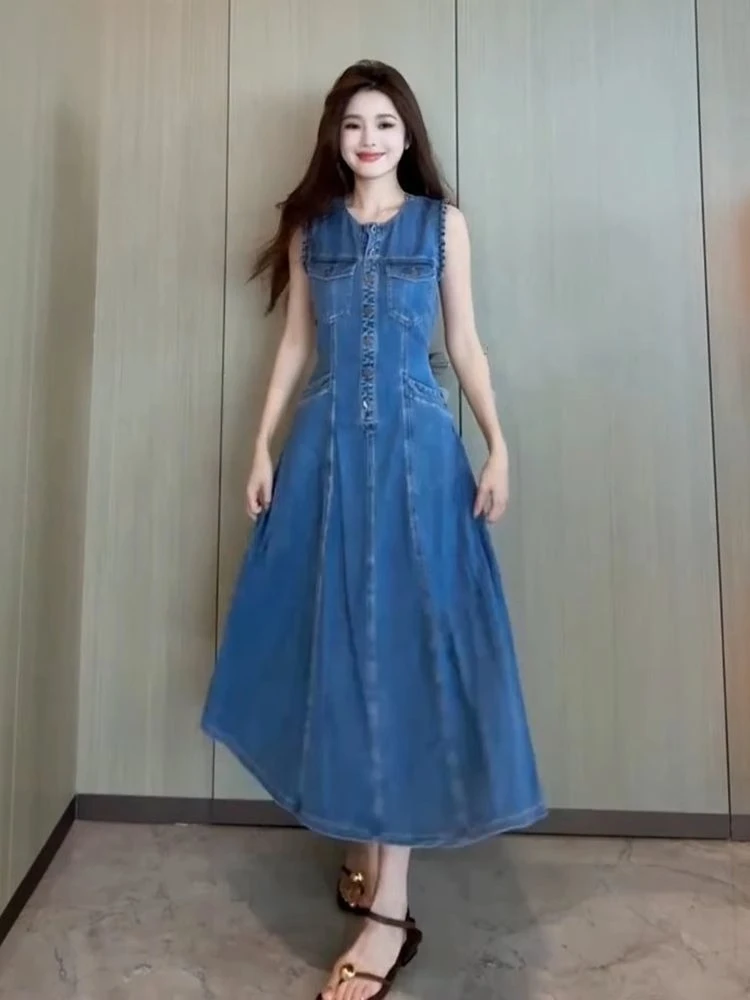 여름 여성 캐주얼 민소매 롱 블루 드레스, 2025 여성 의류 패션 디자이너 드레스