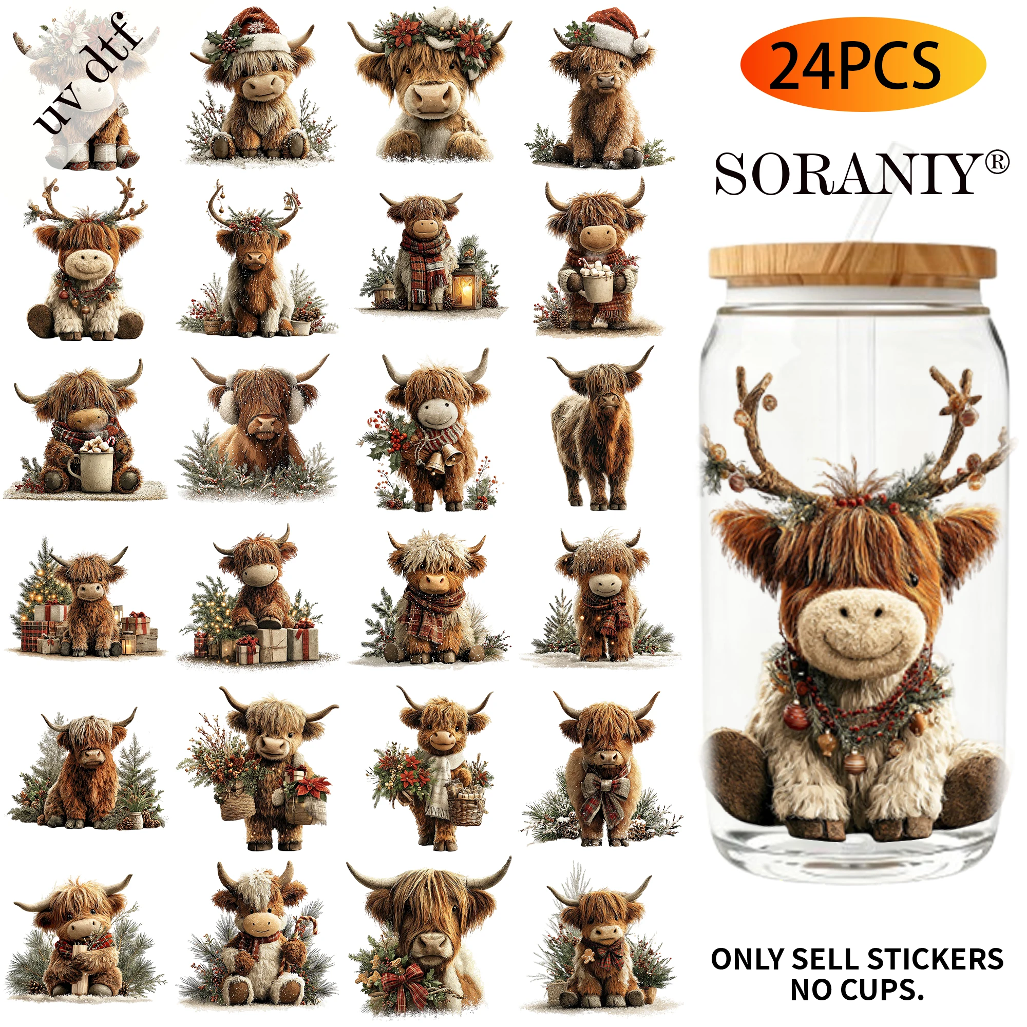 UV DTF Transfer Stickers - 24Pcs/Set Highland Cow Christmas Theme UV DTF 16OZ DIY Transfer Stickers