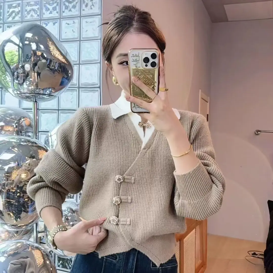 

Spliced ​​Fake Two-Piece Knitted Sweater Cardigan 2024 Spring Autumn New Style Design Temperament Comfortable Women'S Top