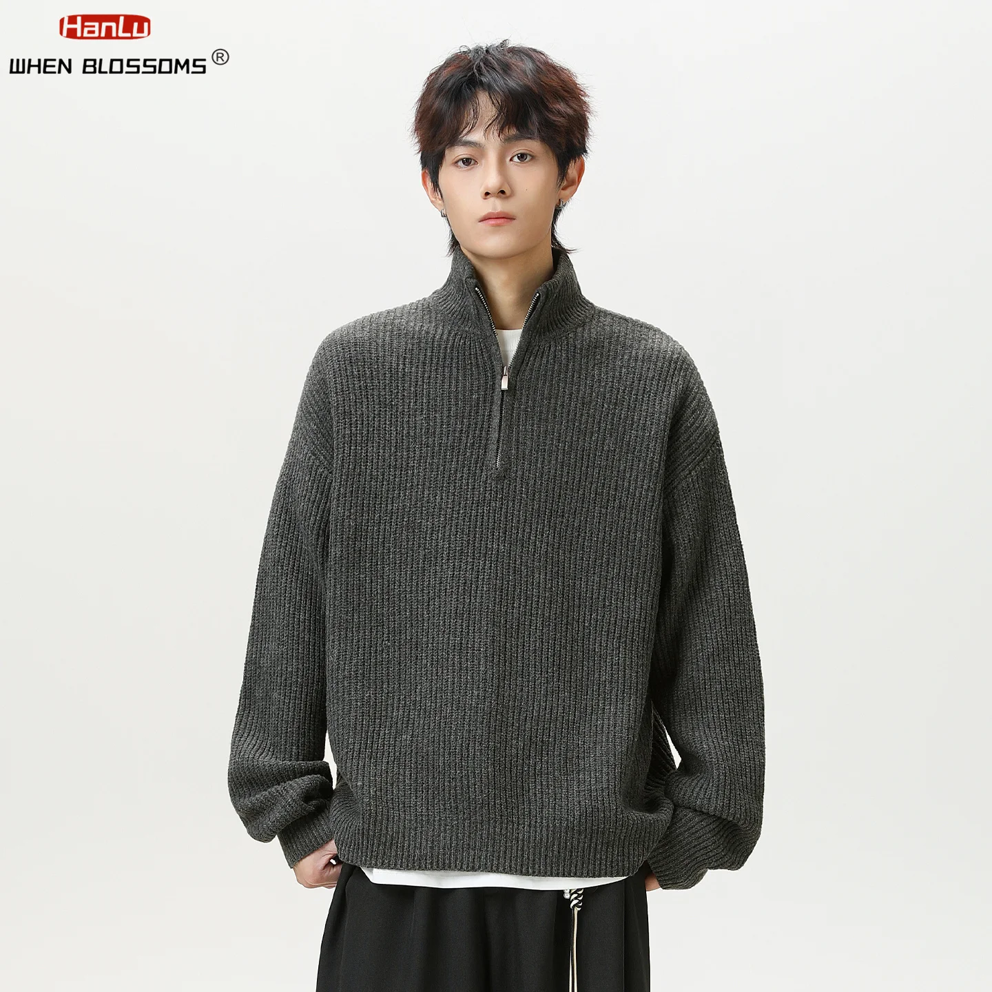 سترة Hanlu 2025 للرجال بنصف سحاب ورقبة وهمية معطف شيرلينغ مريح مبطن كبير الحجم بتصميم كسول معطف شتوي عالي الجودة #4