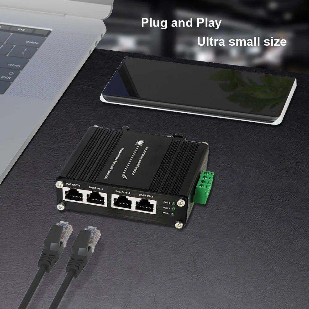 Input Industrial 2-Port Gigabit PoE+ Injector12~48VDC Power Input