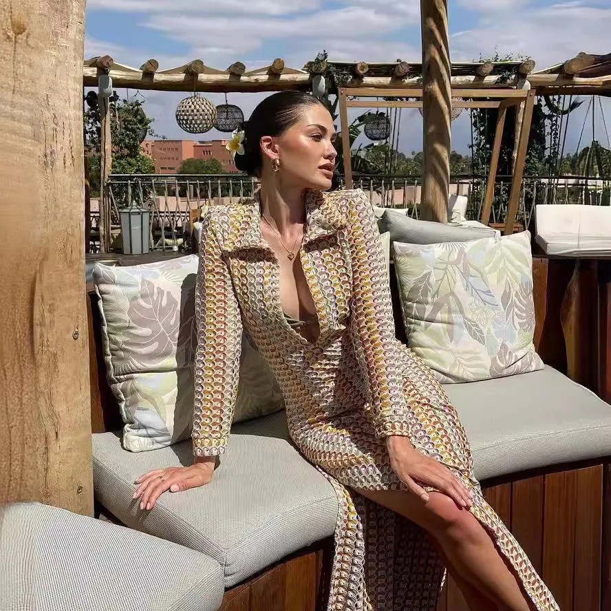 اليدوية هوك زهرة الجوف الشاطئ المنخفضة قطع الخامس الرقبة شق المرأة فستان طويل Vestidos Largos Femininos فساتين طويلة Femininos 2025
