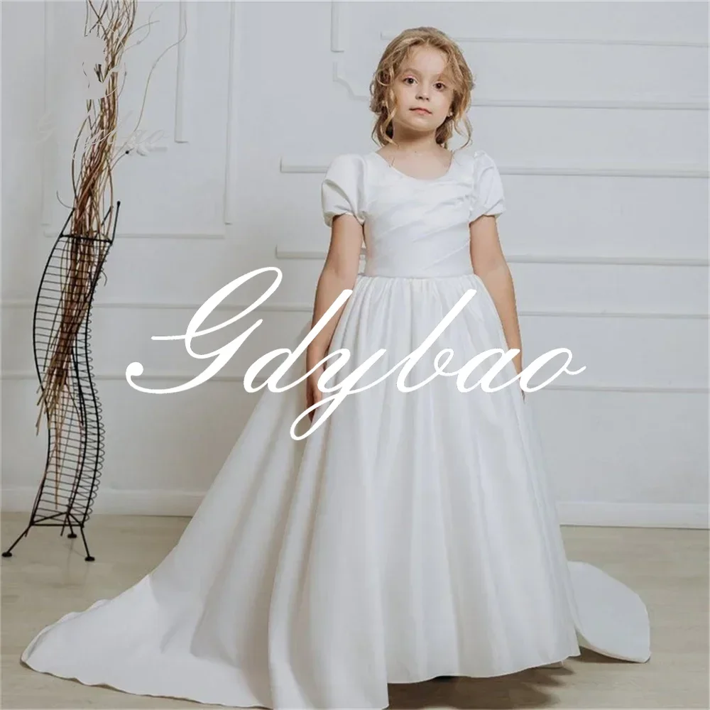 

Elegant Short Puff Sleeve Pleat A Line Long Ball Princess First Communion Gown Sweep Train Wedding Flower Girl Dress Customized