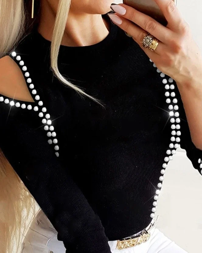 

Top Women 2025 Spring Fashion Rhinestone Cold Shoulder Cutout Casual Round Neck Plain Long Sleeve Skinny Daily Tee Top