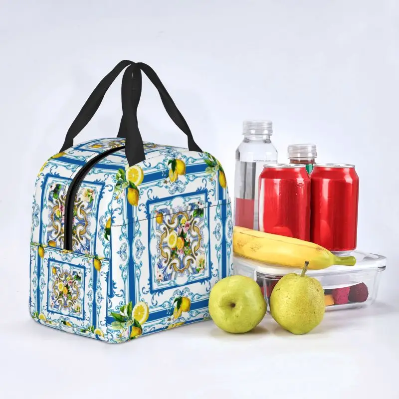 Mediterrane Frucht Zitronen Fliesen isoliert Lunchbox für Frauen wieder verwendbare Thermo kühler Lunch Bag Picknick Lebensmittel behälter Einkaufstaschen