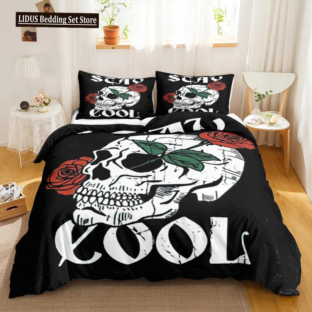 

Skull Duvet Cover Queen Size Gothic Skeleton Bedding Set Rose Flower Polyester Comforter Cover For Kids Teens Adults Halloween