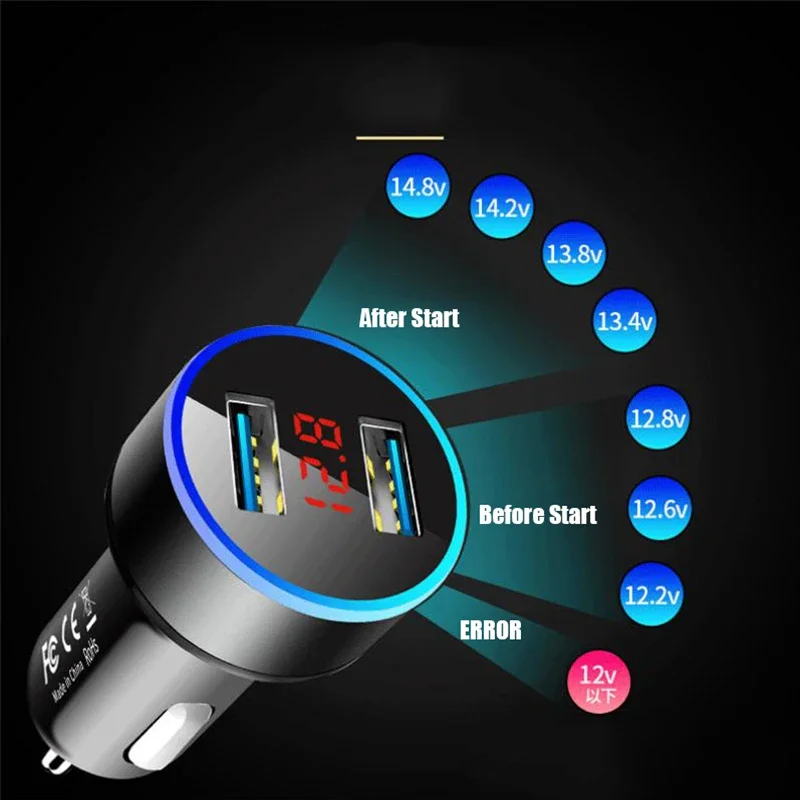 USB Car Charger for Cigarette Lighter Dual USB Digital Display Voltmeter Fast Charging Mobile Phones Adapter for IPhone 12 11