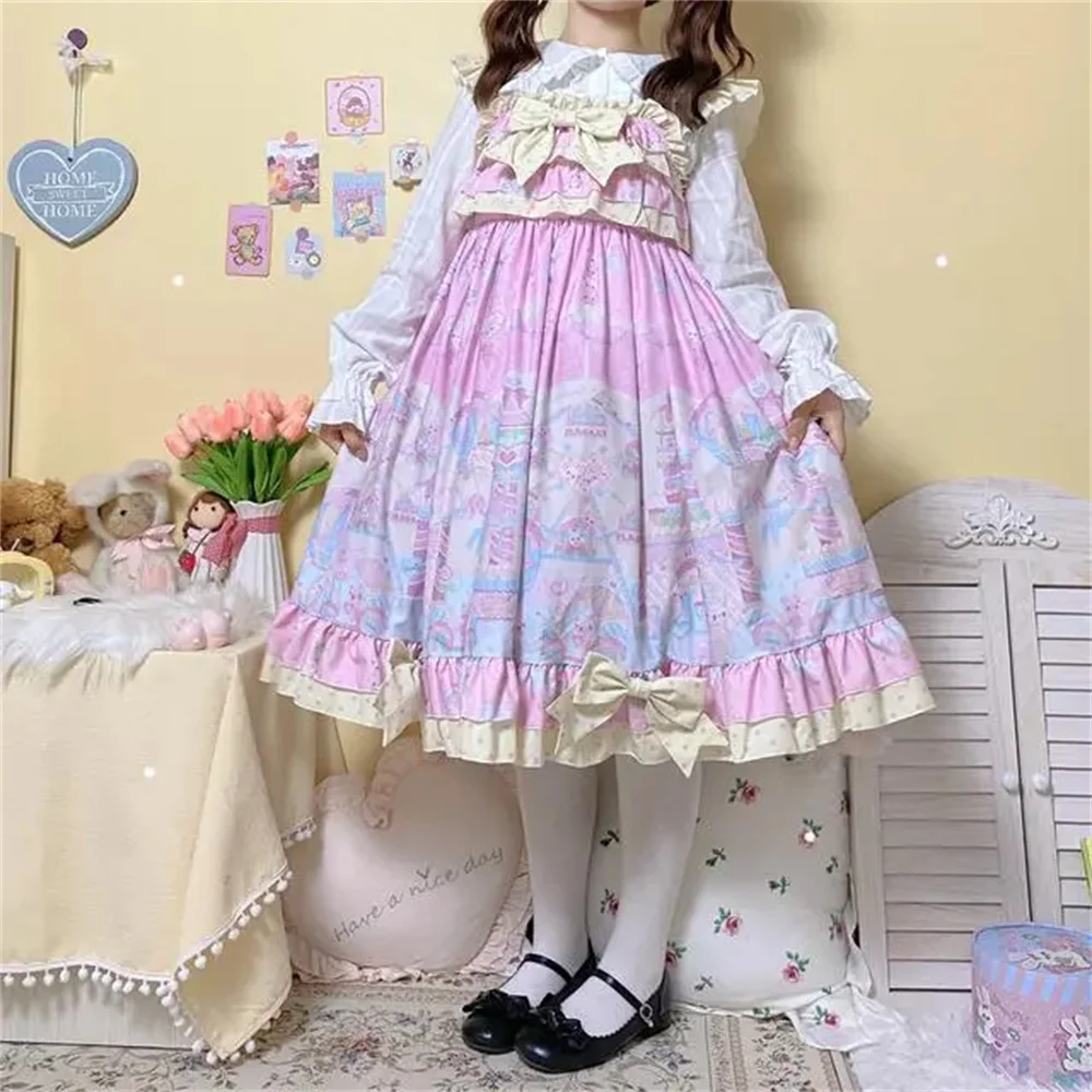 Parco divertimenti per ragazze giapponesi stampa White Wave Dot Bowknot dolce Lolita Dress Kawaii Girls Spring Vestidos Cosplay Lolita Jsk