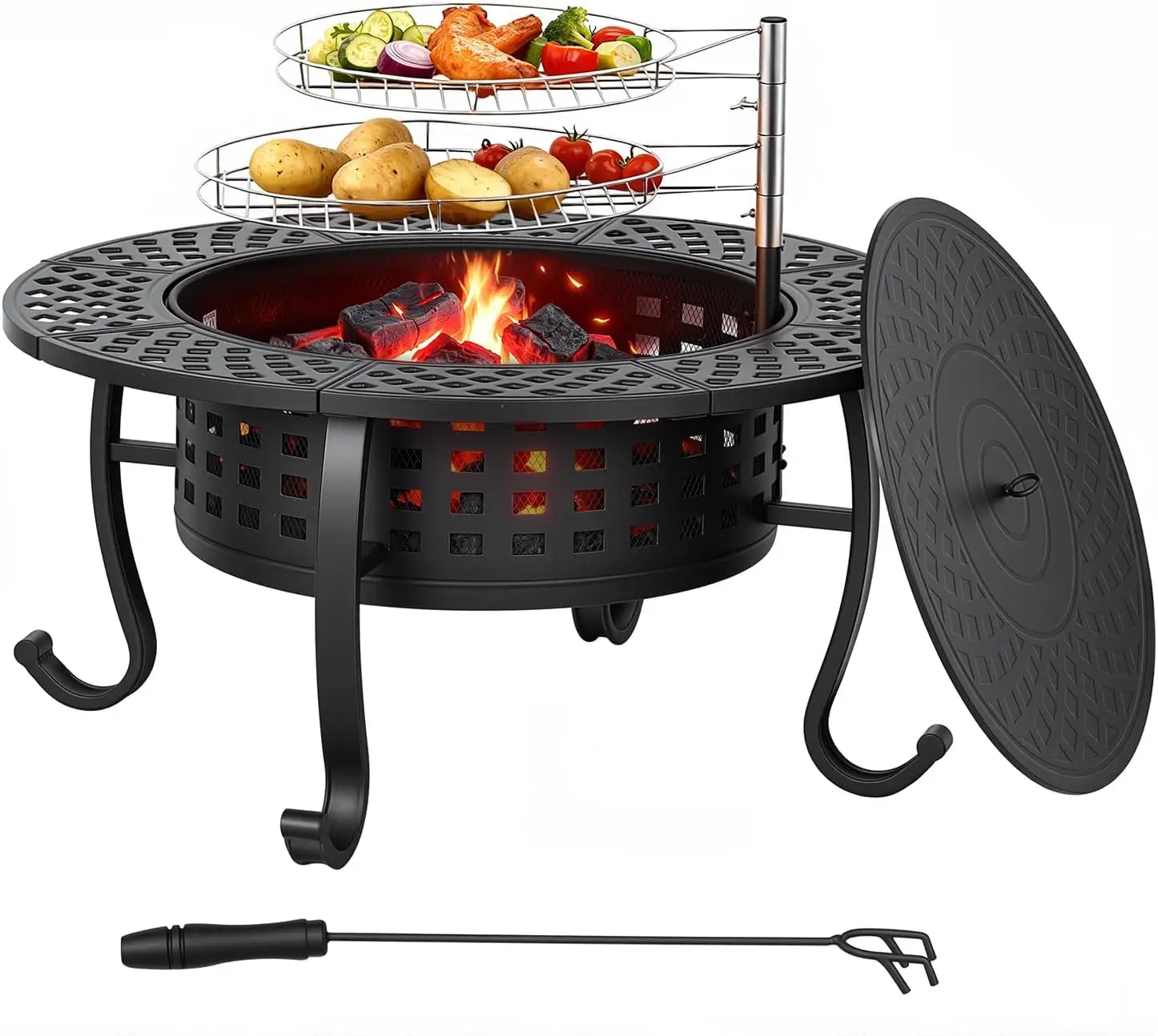 36 Inch Round Metal Fire Pit Table With 2 Adjustable Grills Wood Burning Firepit With Lid And Fire Poker Portable Outdoor Cooking Station For Patio Picnic Party Black 1 Pack