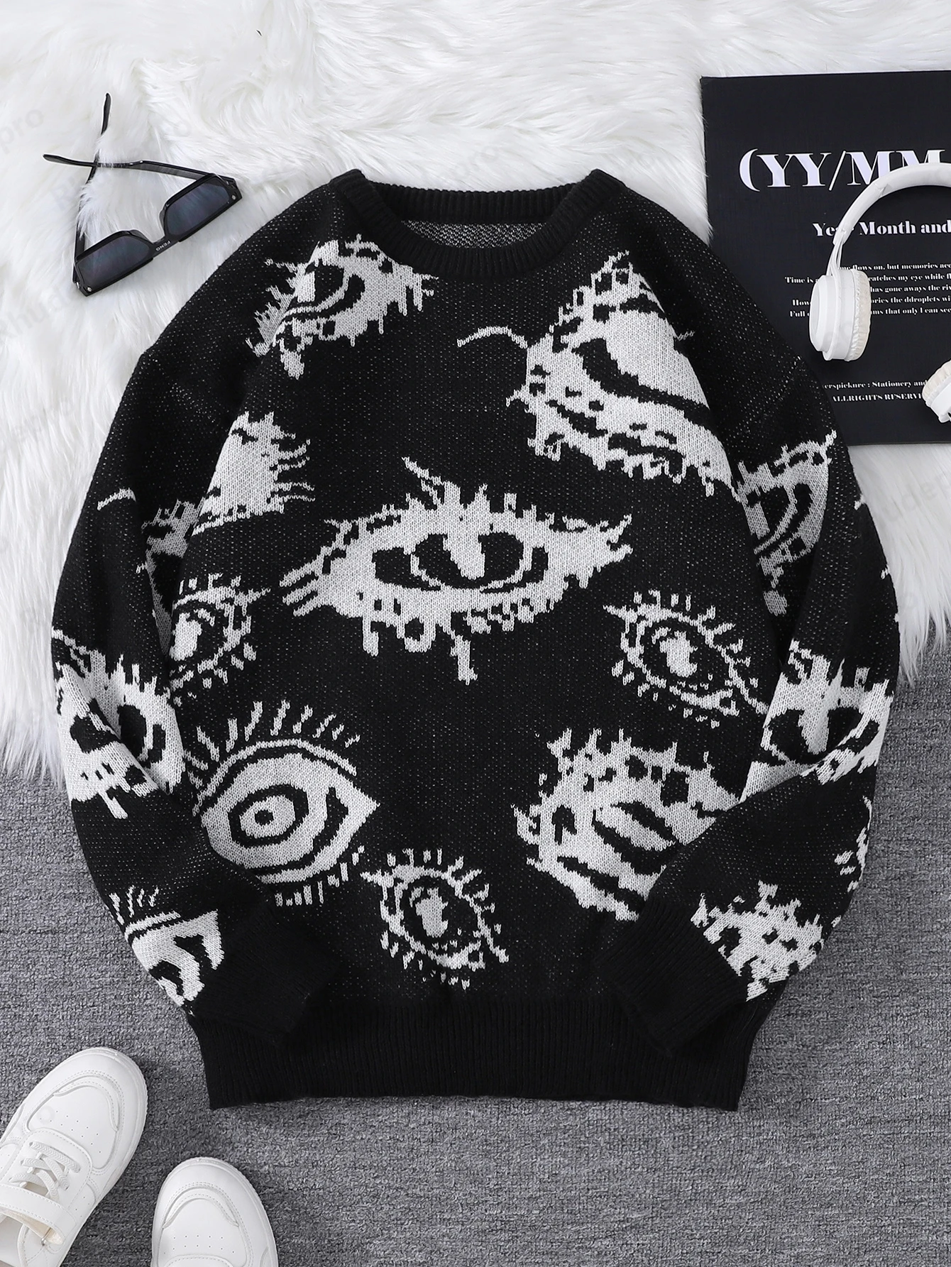New Popular Autumn And Winter Abstract Eye Jacquard Pattern Pullover Sweater Casual Round Neck Knitted Men's Pullover