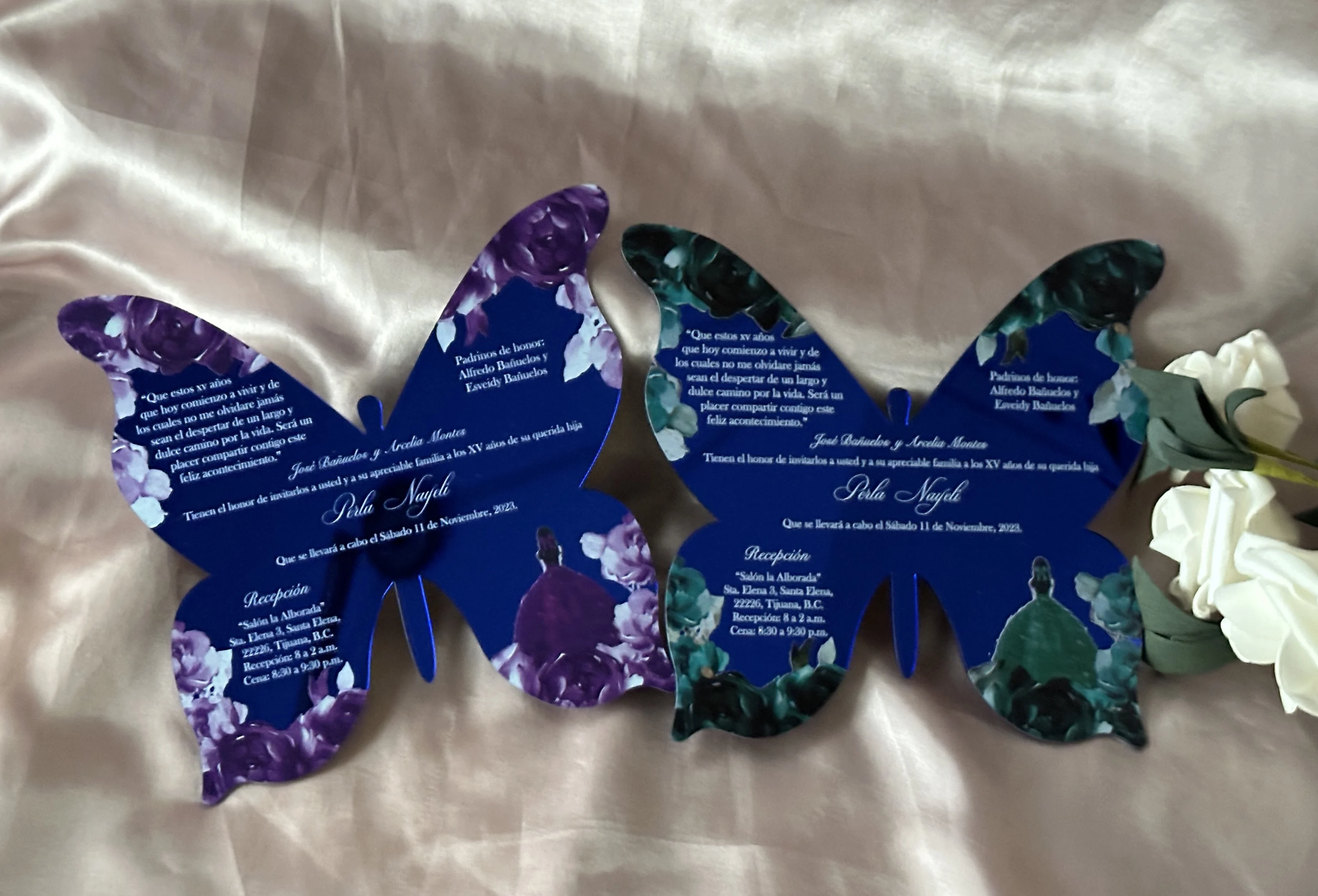 

Acrylic Quinceanera Invitations,Personalized Butterfly Printing, XV Birthday Craft Card, Mirror Blue, 10Pcs