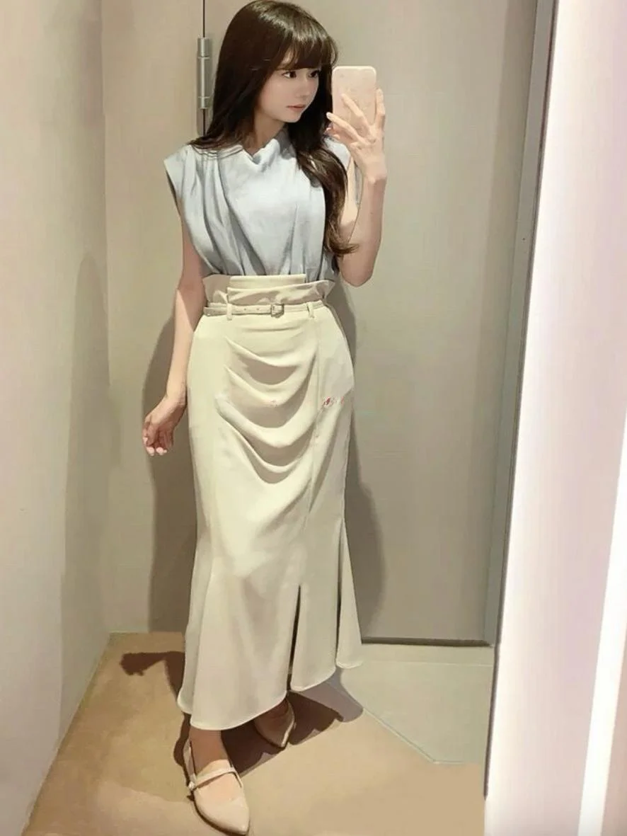

Pure High Waist Pleated Fish Tail Half Skirt with Belt Versatile mid Length A-Line Skirt Polyester Fiber Sweet Style