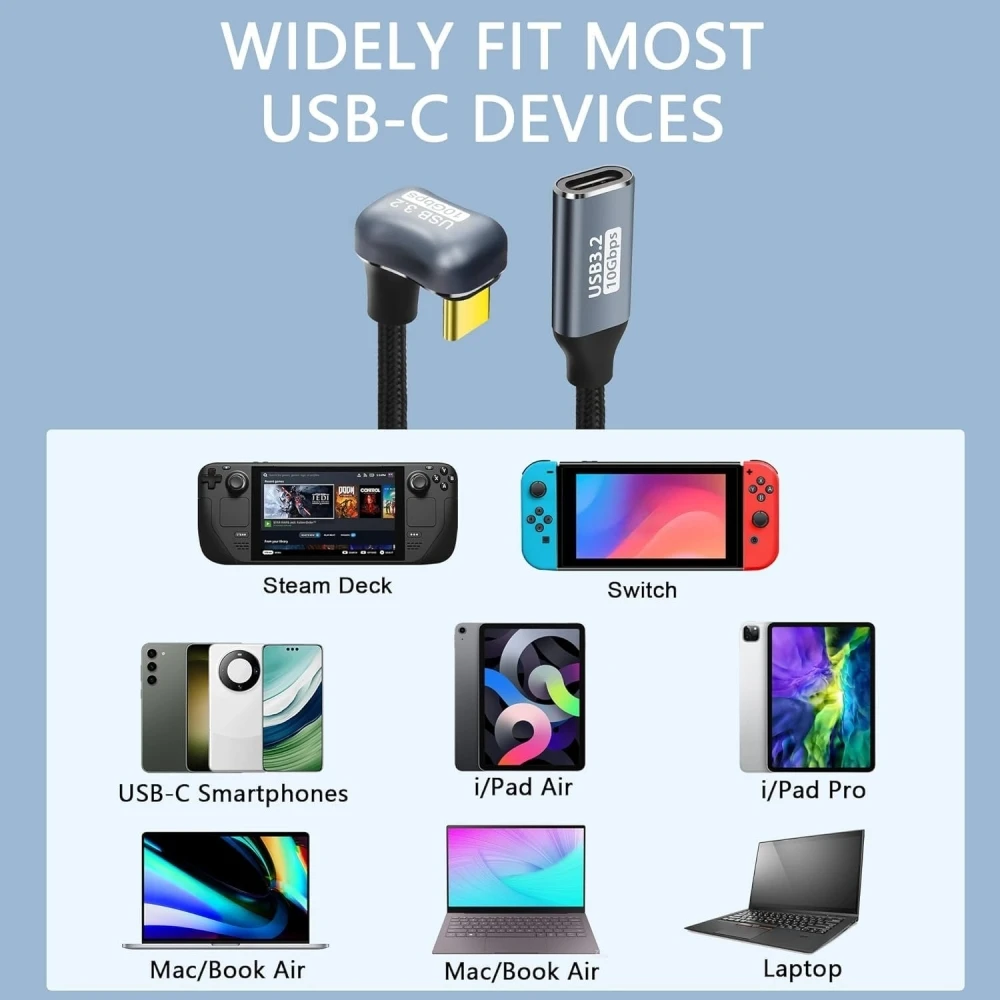 U Shape USB C Extension Cable 180ยฐ Angle Type-C 10Gbps USB 3.2 Gen2 100W PD Fast Charging Charger Cord for i/phone15 Steam Deck