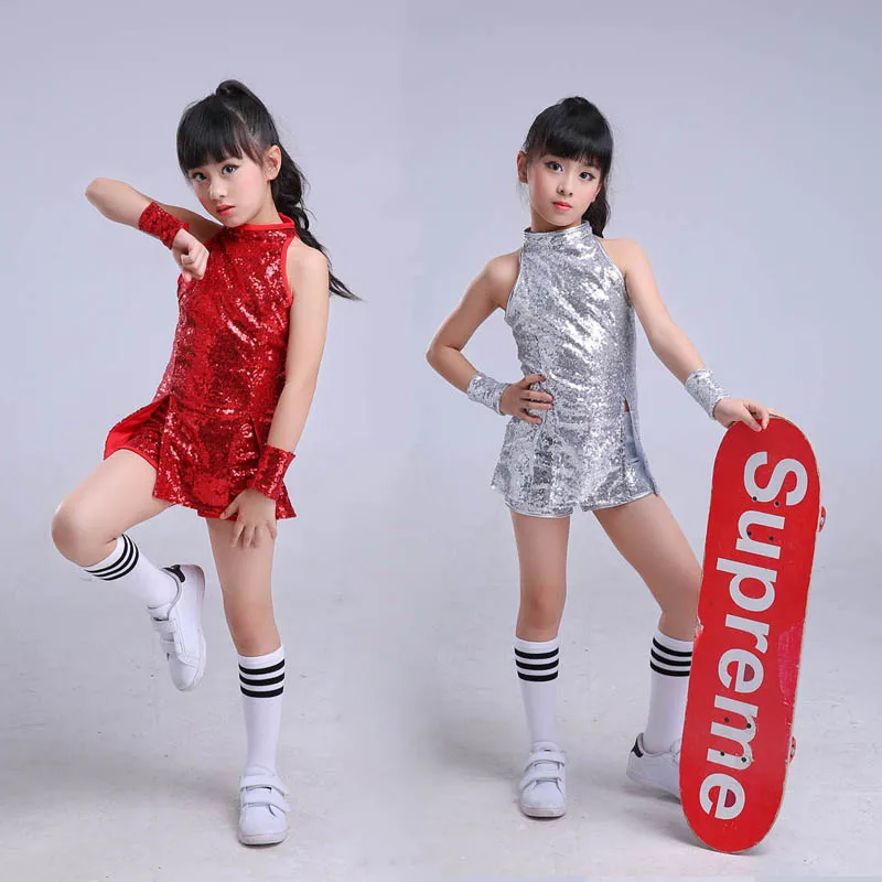 Girls Stage Dancewear Kid Hip-Hop Hip Hop Jazz Dance Costume Suit Paillette Modern Dress Girl Cheerleading Clothes