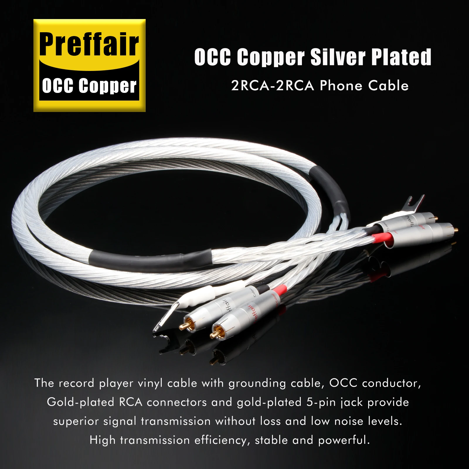 

HiFi 2RCA to 2RCA Phono Cable OCC Silver Plated LP Turntable Tonearm Cable with Y Spade Ground Wire Silver Foil Shielding