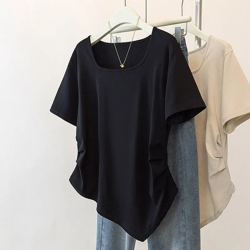 

Square Collar Black Front Shoulder Short-sleeved T-shirt for Women in Summer New Large Size Fat Mm Loose Belly-covering Top