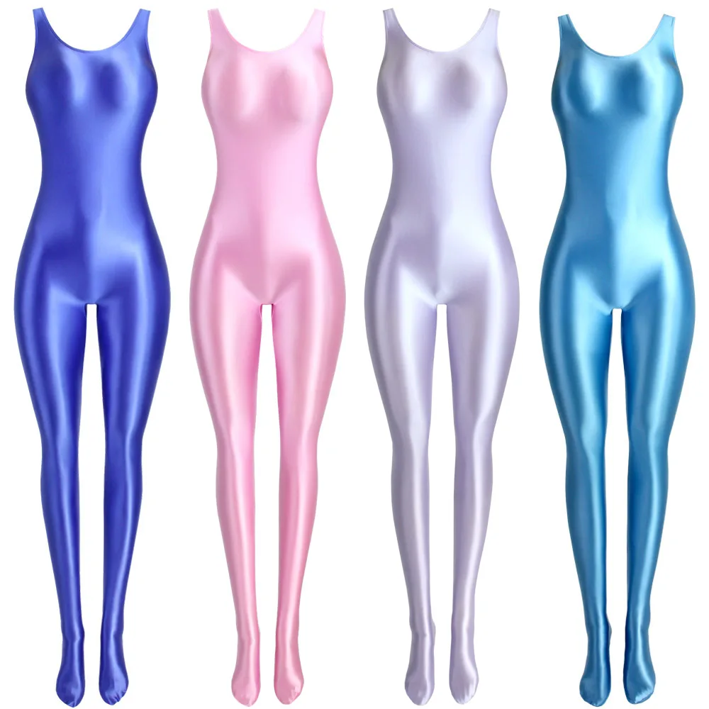 MJINM Women Sexy Smooth One-piece Bodysuits Glossy Oil Tights Rompers Catsuits Sleeveless Yoga Sports Pantyhose Zentai Jumpsuits