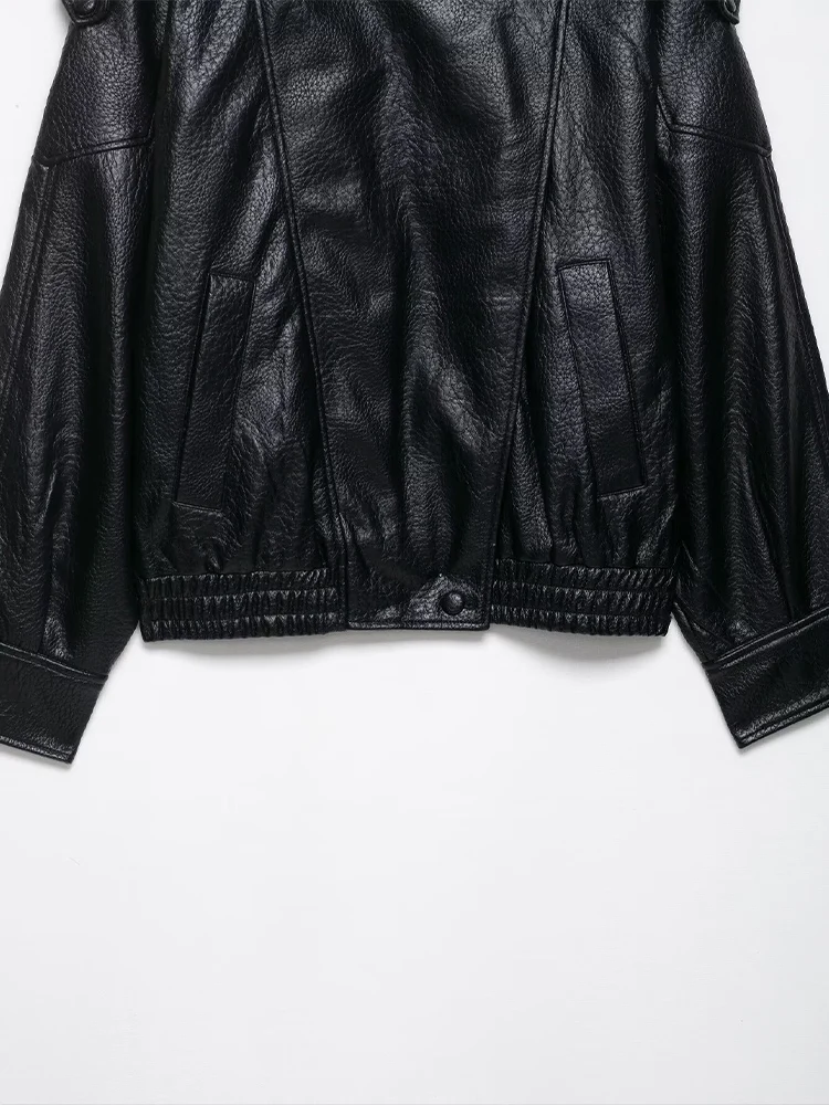 Giacca in pelle a maniche lunghe con colletto alla coreana in similpelle con cerniera alla moda da donna in stile europeo e americano