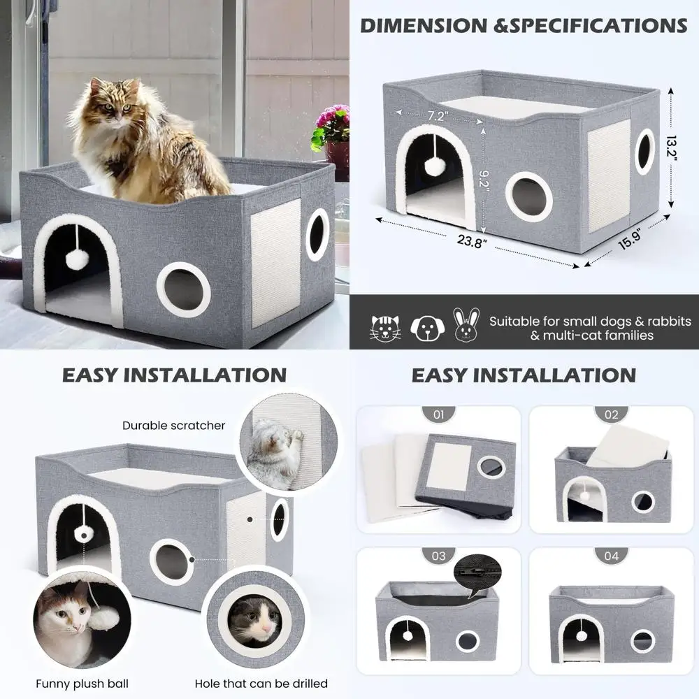 

Просторная складная кошачья пещера с мячом и когтеточкой, идеально подходит для нескольких кошек, 23,8x15,9x13,2