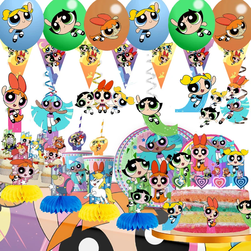 For Kid Birthday the powerpuff girls  Birthday Party Supplies Disposable Tableware Plates Cups Balloons Party Favor Baby Shower