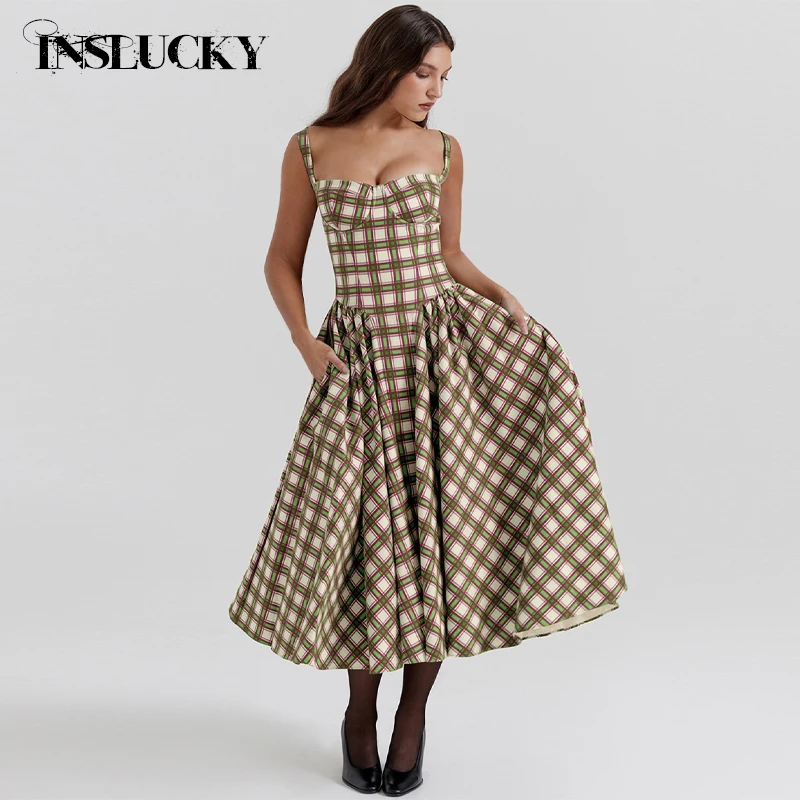 InsLucky Fashion Plaid Print Tube Tank Dress For Women Square Collar Slim High Waist A Line Dresses Elegant Office Lady Clothing