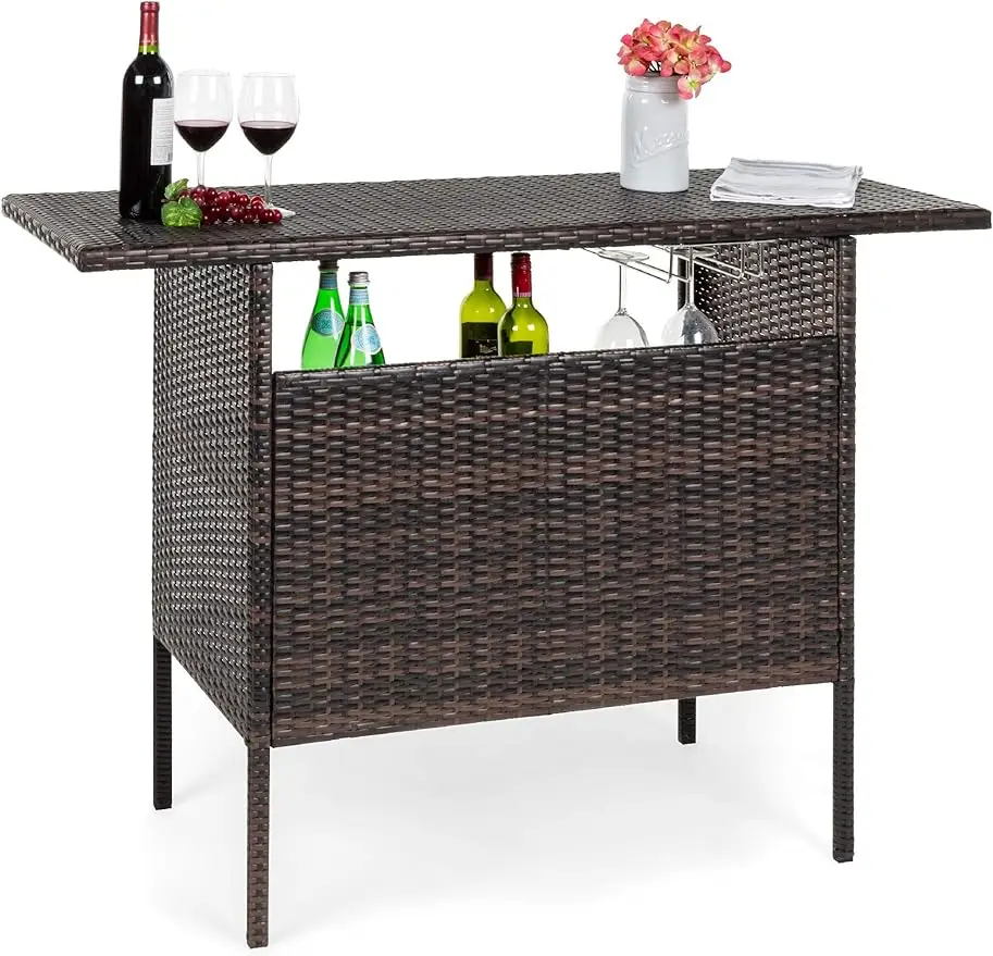 

Outdoor Patio Wicker Bar Counter Table Backyard Furniture w/ 2 Steel Shelves and 2 Sets of Rails