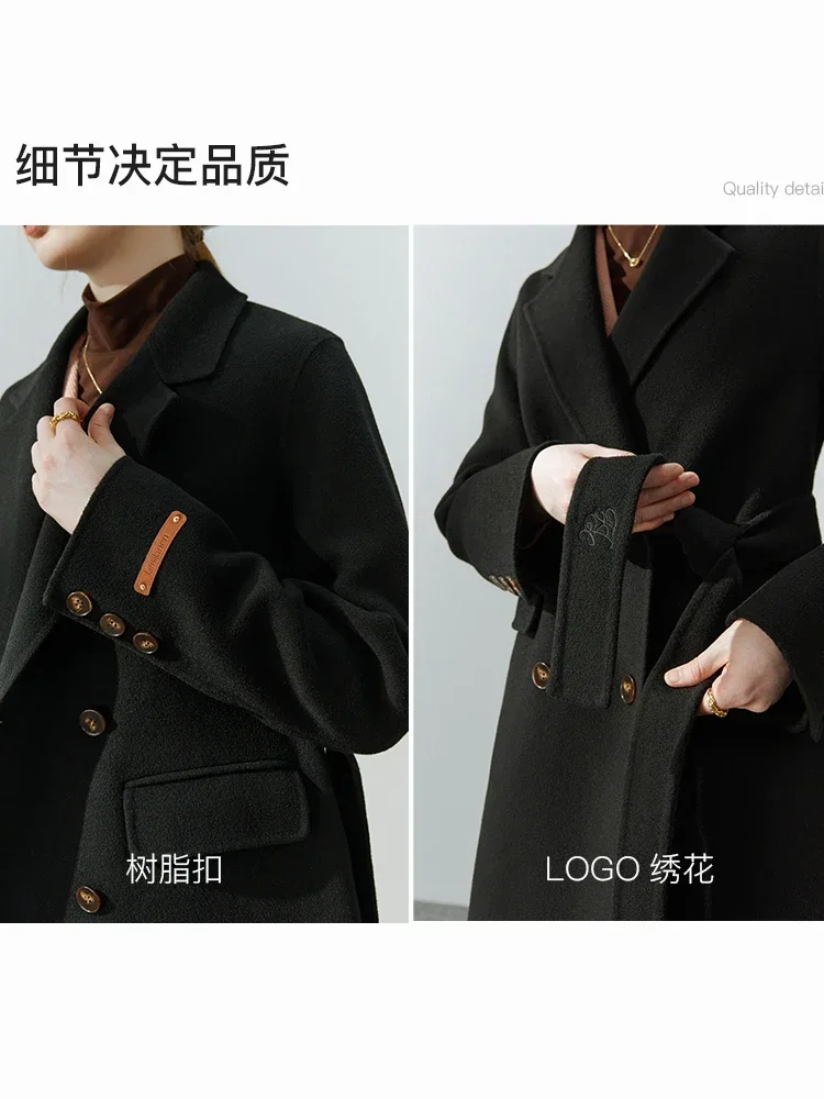 FSLE Classic Suit Collar Double-sided Cashmere Coat Women 2022 New Autumn Winter Korean Version Office Lady Woolen Long Coat