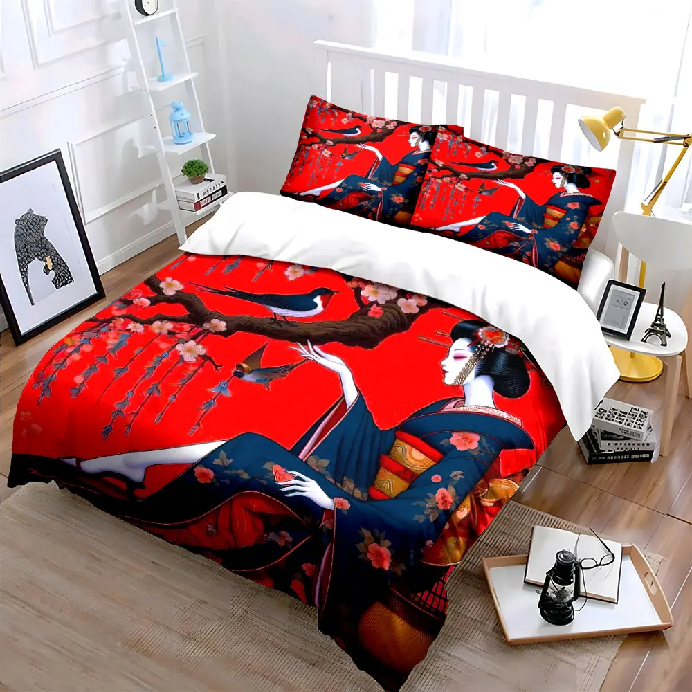 Kimono-clad woman with birds and flowers Print Soft Comfortable Duvet Cover Bedding Set Included 1*Duvet Cover 2*Pillowcases 2